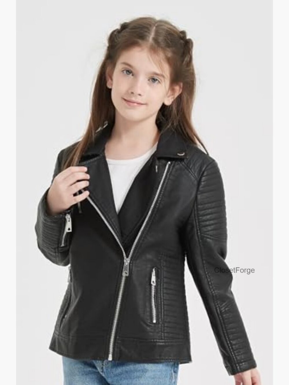 Faux Leather Motorcycle Biker Jacket Girls PU Zipper Slim Coat - Picture 3 of 6